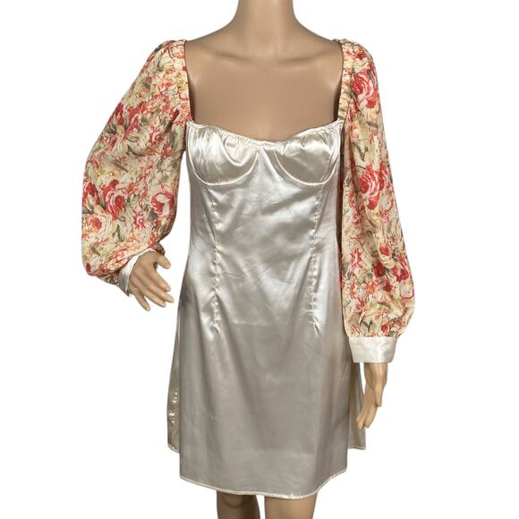 Cider NEW Museum Date Floral Puff Sleeve Satin Bustier Mini Dress SZ M - Picture 2 of 9